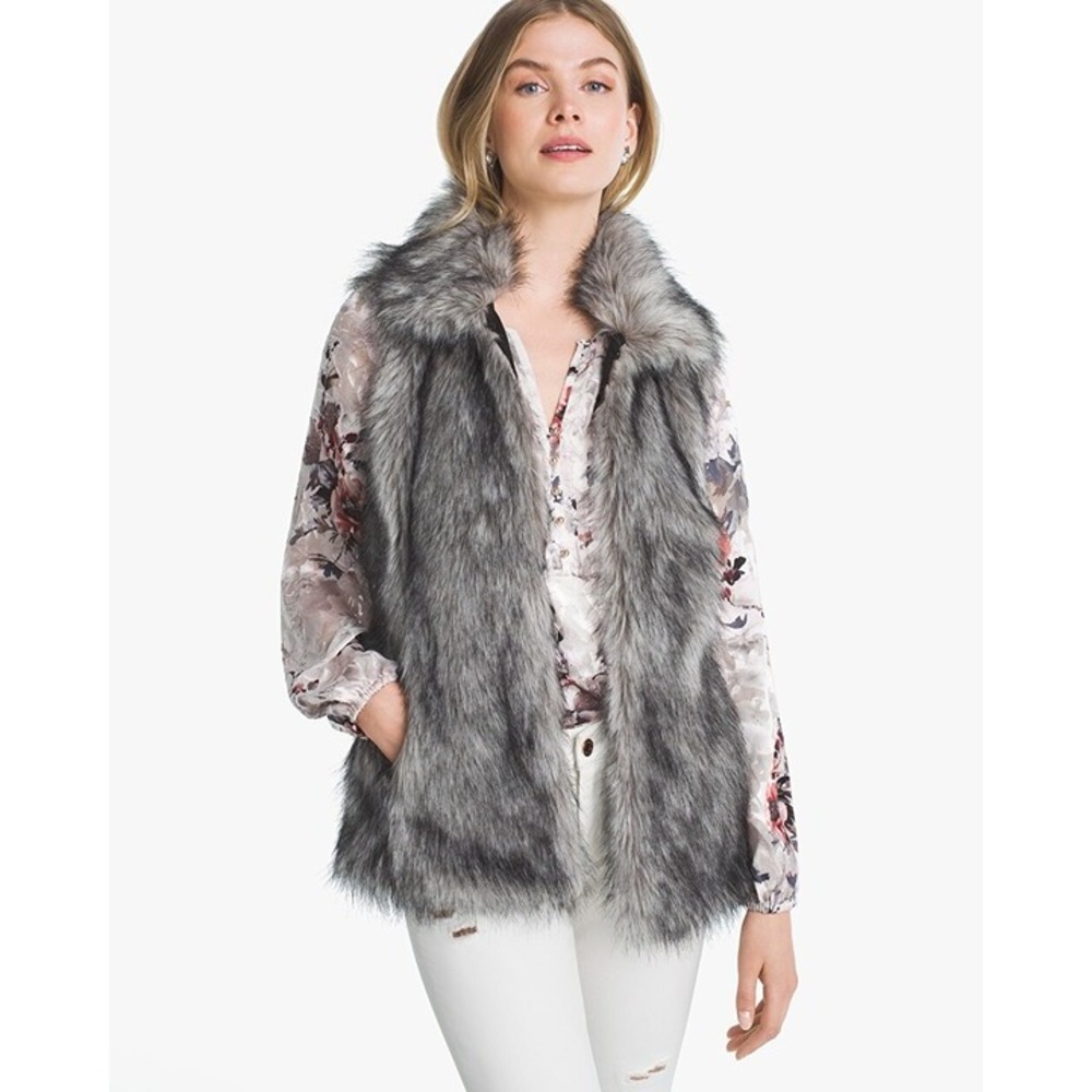 white house black market animal faux fur glam mobwife M sleeveless button vest‎